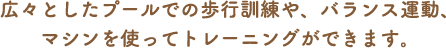 広々としたプールでの歩行訓練や、バランス運動、マシンを使ってトレーニングができます。