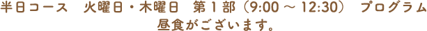 半日コース　火曜日・木曜日　第1部（9:00～12:30）　プログラム 昼食がございます。